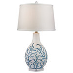Elk Home - 27" Sixpenny Blue Coral Table Lamp, White - Sixpenny Pale Blue and White Table Lamp with textured white linen hardback shade. The lamp measures 16"W x 27"H with shade measurements of 16"W x 11"H. The lamp uses a 150 Watt medium 3 way bulb with an on/off switch on the socket.