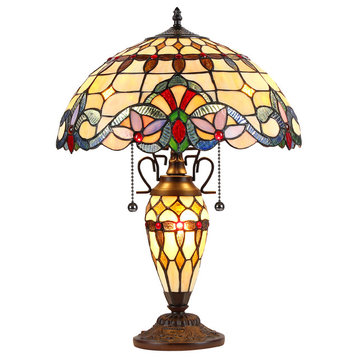 COOPER, Tiffany-style 3 Light Victorian Double Lit Table Lamp, 16" Shade