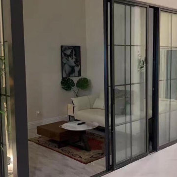 Metal Grid Sliding Glass Partition | Kitchen & Lounge Division