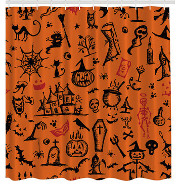 Halloween Themed Illustrations Orange and Black Fabric Shower Curtain