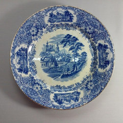 lote de doce platos llanos de cer&aacute;mica Pickman. Modelo vistas azul. Principios d - Dinner Plates