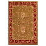 Bareens Designer Rugs - Boho Chic Ziegler Abby Olive Green Rust Hand-Knotted Wool Rug - 8'2'' x 9'10'' - Enhance the ambiance of your home with this magnificent Persian-influenced Turkish hand-knotted rug made by skilled artisans capable of creating the most exceptional vegetable dyes and hand-spun wool. This exquisite handmade rug is a one-of-a-kind Peshawar Kafkaz, otherwise identified as Chobi, Chobi Peshawar, Oushak, or Ziegler rug. These handmade rugs are crafted in Pakistan utilizing superior-quality wool imported from Australia, New Zealand, and Korea in two types of weaves: the Persian weave and the Mori weave. This rug is meticulously crafted by hand using the finest natural vegetable dyes extracted from local plants. The artisans use a blend of hand-spun local and fine merino wool, resulting in a rug with a compelling texture, higher lanolin content, and longer staple. The artisans occasionally incorporate natural or artificial silk into the pile to enhance specific motifs. The finished product is an awe-inspiring execution of flawless design and an understated palette that exudes elegance.