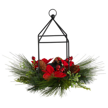 14" Xmas Poinsettia, Berry & Pinecone Metal Candle Holder Faux Table Arrangement