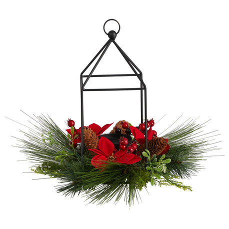 14" Xmas Poinsettia, Berry & Pinecone Metal Candle Holder Faux Table Arrangement