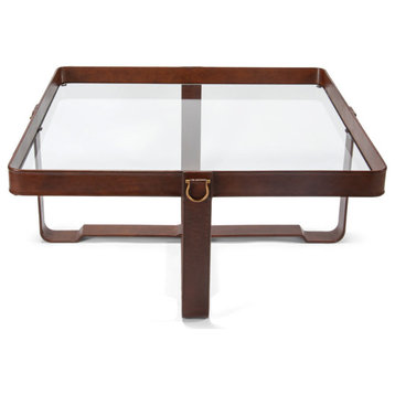 Bridle Belts Squre Cocktail Coffee Table Leather and Glass