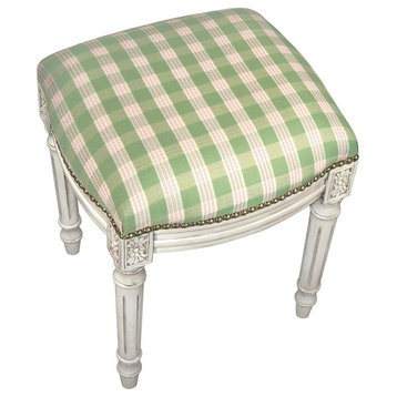 Vanity Stool Backless Green Plaid Antique White Wash Antiqued C