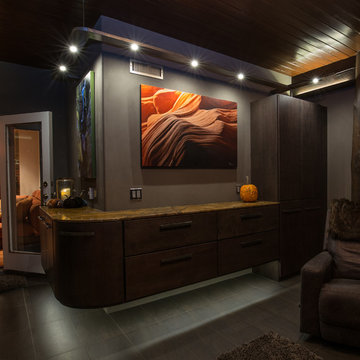 Modern Rustic Lounge Remodel | Gray-Stained Maple Cabinetry & Linear Fireplace