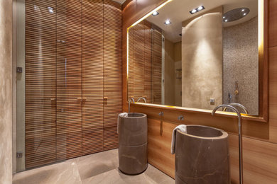 Example of a large trendy master double-sink bathroom design in Los Angeles with a freestanding vanity