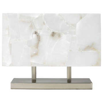 Luxe Minimalist Wide Shade Table Lamp Pearl Alabaster Silver White Marble Nickel