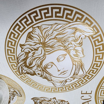 Medusa head Versace Off white gold metallic greek key circles textured Wallpaper, 27 Inc X 33 Ft Roll