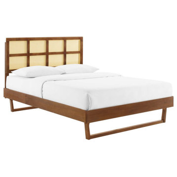 Sidney Cane and Wood Full Platform Bed With Angular Legs, Walnut