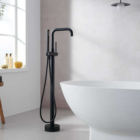 Florin Single Lever Handle Freestanding Floor Mounted Tub Filler, Matte Black