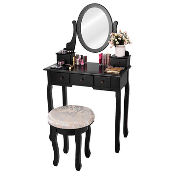 Modern Vanity Set, Comfortable Stool & Spacious Drawers With Oval Mirror, Black