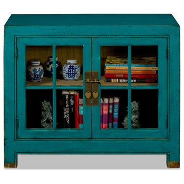 Distressed Teal Elmwood Ming Style Asian Cabinet with Glass Doors