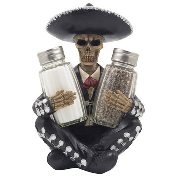 Dia de Los Muertos Mariachi Skeleton Glass Salt and Pepper Shaker 3-Piece Set