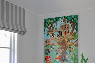 Inspiration for a beach style kids' bedroom for kids 4-10 years old and boys in Wellington with white walls and carpet.