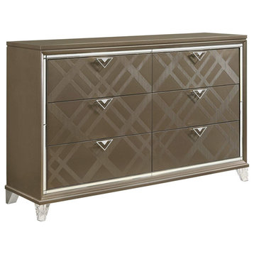 Contemporary Dresser, Double Design With 6 Storage Drawers, Champagne