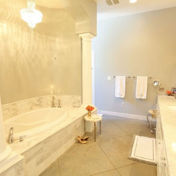 European Splendor, master bathroom, tub, double vanity, bathroom lighting, chand