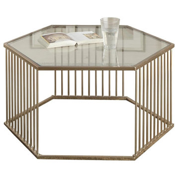Contemporary Coffee Table, Champagne Metal Frame With Slatted Sides & Glass Top