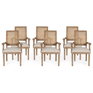 Zentner Wood and Cane Upholstered Dining Chair, Beige + Natural, Set of 6