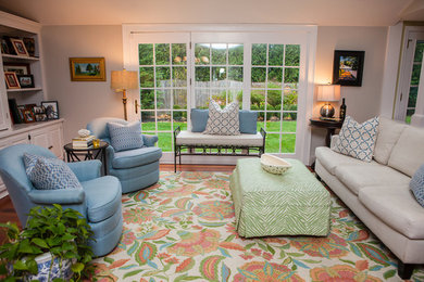 Living room - mid-sized transitional formal and open concept medium tone wood floor and brown floor living room idea in Boston with beige walls, no fireplace and no tv