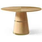 Meridian Furniture - Hans Dining Table, White Oak Wood - Bring a modern touch to your kitchen or dining area with this Hans white oak wood dining table. This round table is sized for an easy fit in any dining space. Its round tabletop features a white lacquer finish, giving it a high glossy appearance perfect for your contemporary home. Double gold metal stripes on the base add just enough flair to make this an eye-catching piece, and its wood construction ensures sturdiness that will last for years to come.