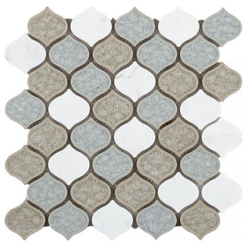 Mosaic Crackle Glass And Marble Tile Arabesque Shape For Wet & Dry Walls, Blue Sky