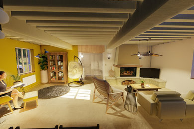 リヨンにある高級な広いコンテンポラリースタイルのおしゃれなLDK (ライブラリー、黄色い壁、セラミックタイルの床、標準型暖炉、石材の暖炉まわり、コーナー型テレビ、ベージュの床、表し梁) の写真