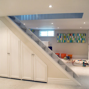 Contemporary basement in Toronto with white floors.