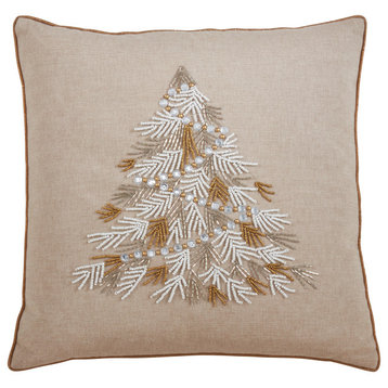 Down Filled Throw Pillow With Beaded Christmas Tree Design, 18"x18", Gold