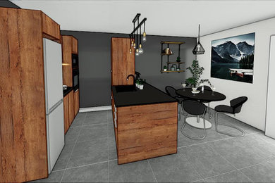 Réalisation d'une cuisine ouverte parallèle design en bois brun de taille moyenne avec un placard à porte affleurante, un plan de travail en granite, îlot et plan de travail noir.