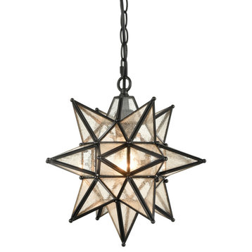 Moravian Star Pendant Lighting Seeded Glass Hanging Light, Black, 13"