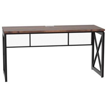 Rustic Desk, X-Accented Metal Legs With Mesh Support & Large Top, Rustic Oak