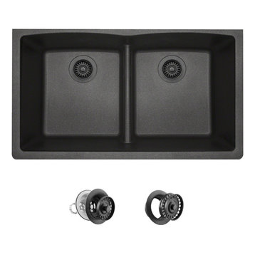 812 Low-Divide Double Bowl Kitchen Sink, Black, Colored Strainer/Flange