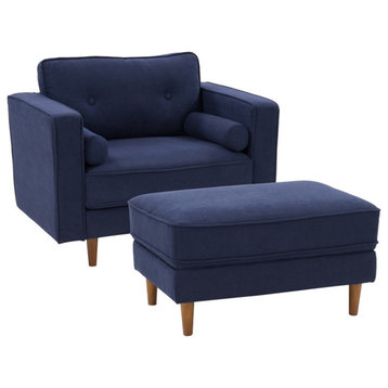 Atlin Designs Modern Fabric Accent Chair and Ottoman Set in Navy (Set of 2)