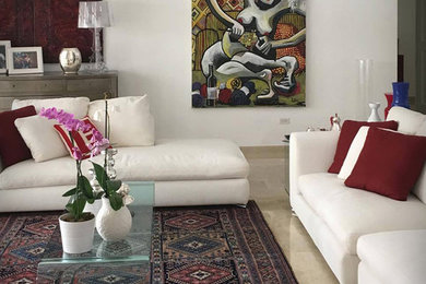 Large eclectic formal and open concept living room photo in DC Metro with white walls