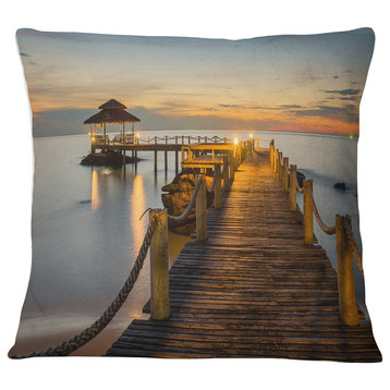 Brown Wooden Pier in Evening Seashore Photo Throw Pillow, 18"x18"