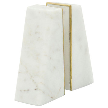 Set of 2 Marble 7"H Slanted Bookends With Gold Trim, White