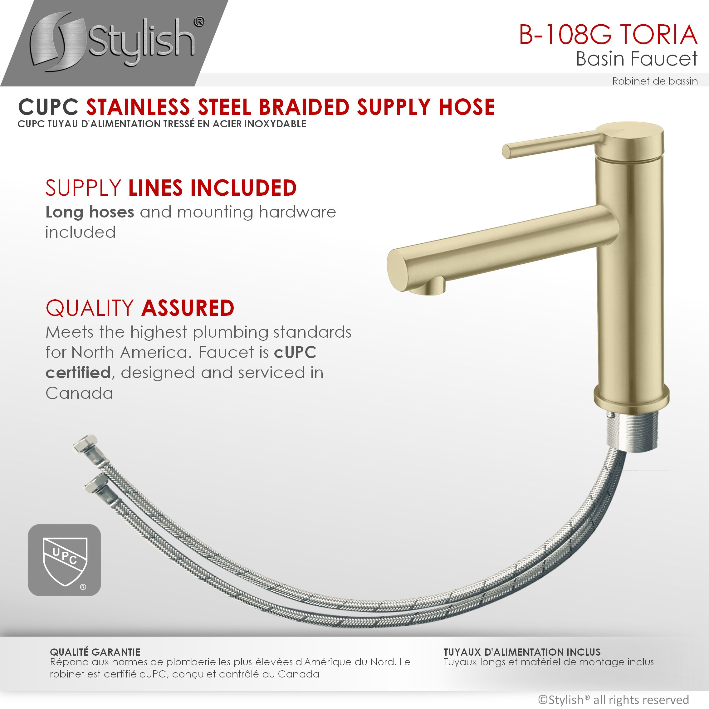 STYLISH Single Handle Modern Bathroom Faucet Basin Sink Faucet, Gold Finish