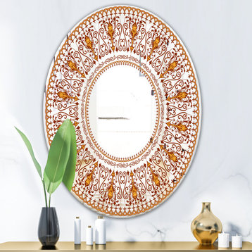 Bohemian Brown Pattern Bohemian And Eclectic Round Wall Mirror, 24x36