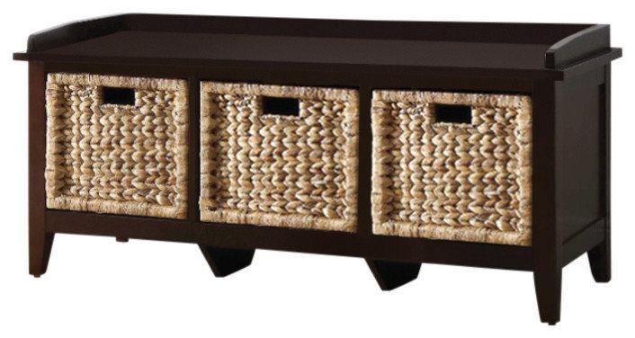 Rectangle Box Bench Rectangular Wooden Bench with Storage Basket, Brown - Tropical - Accent ...