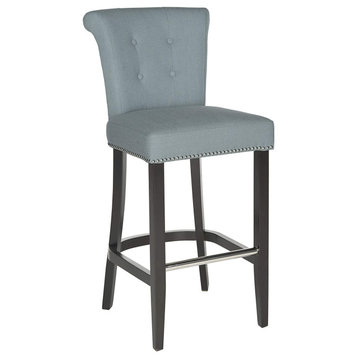 Contemporary Bar Stool, Polyester Seat With Button Tufted Rolled Back, Sky Blue