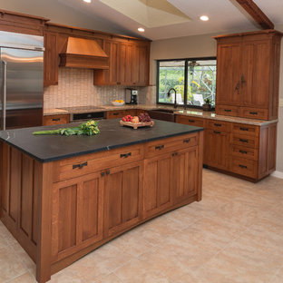75 Beautiful Kitchen With Brown Cabinets And Soapstone Countertops