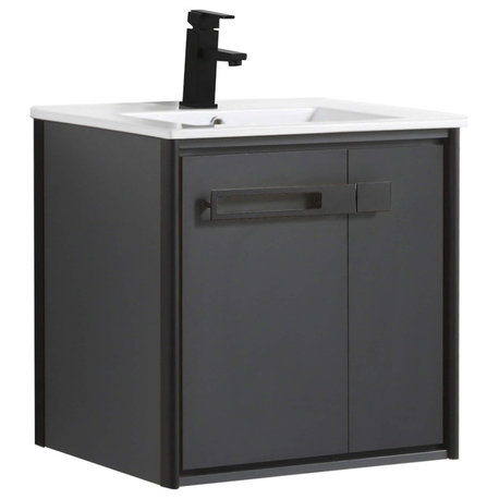 Oakville Wall Mount Bathroom Vanity, Onix Grey, 24", Black Hardware