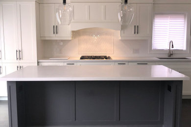Large minimalist l-shaped medium tone wood floor eat-in kitchen photo in Toronto with a single-bowl sink, shaker cabinets, gray cabinets, quartz countertops, white backsplash, porcelain backsplash, stainless steel appliances, an island and white countertops