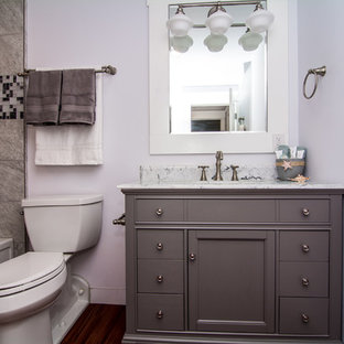 Imagen de cuarto de baño con ducha, tradicional renovado, de tamaño medio, con armarios con paneles empotrados, puertas de armario grises, bañera empotrada, combinación de ducha y bañera, sanitario de dos piezas, baldosas y/o azulejos grises, baldosas y/o azulejos de cerámica, paredes púrpuras, suelo de madera oscura, lavabo bajoencimera, encimera de cuarcita, suelo marrón, ducha con cortina y encimeras blancas