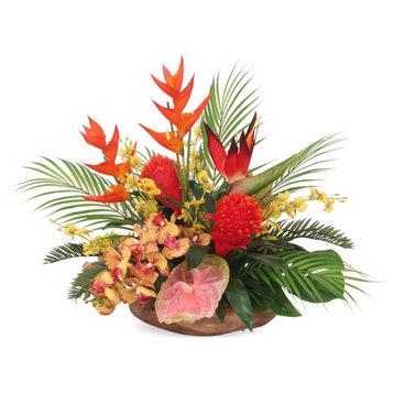 Tropical Flower Arrangement, Natural Wood Bowl