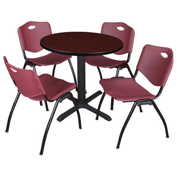 Cain 30" Round Breakroom Table- Mahogany & 4 'M' Stack Chairs- Burgundy