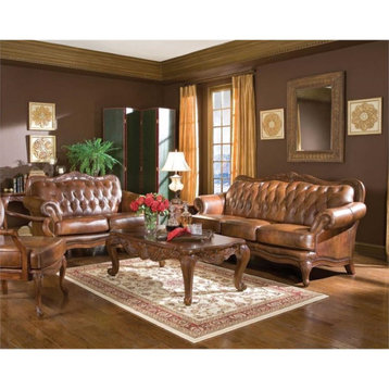Coaster Victoria 3-Piece Leather Tufted Sofa with Rolled Arms Sofa Set in Brown