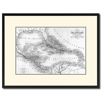 West Indies, Caribbean Map Print On Canvas With Black Custom Frame, 16" X 21"